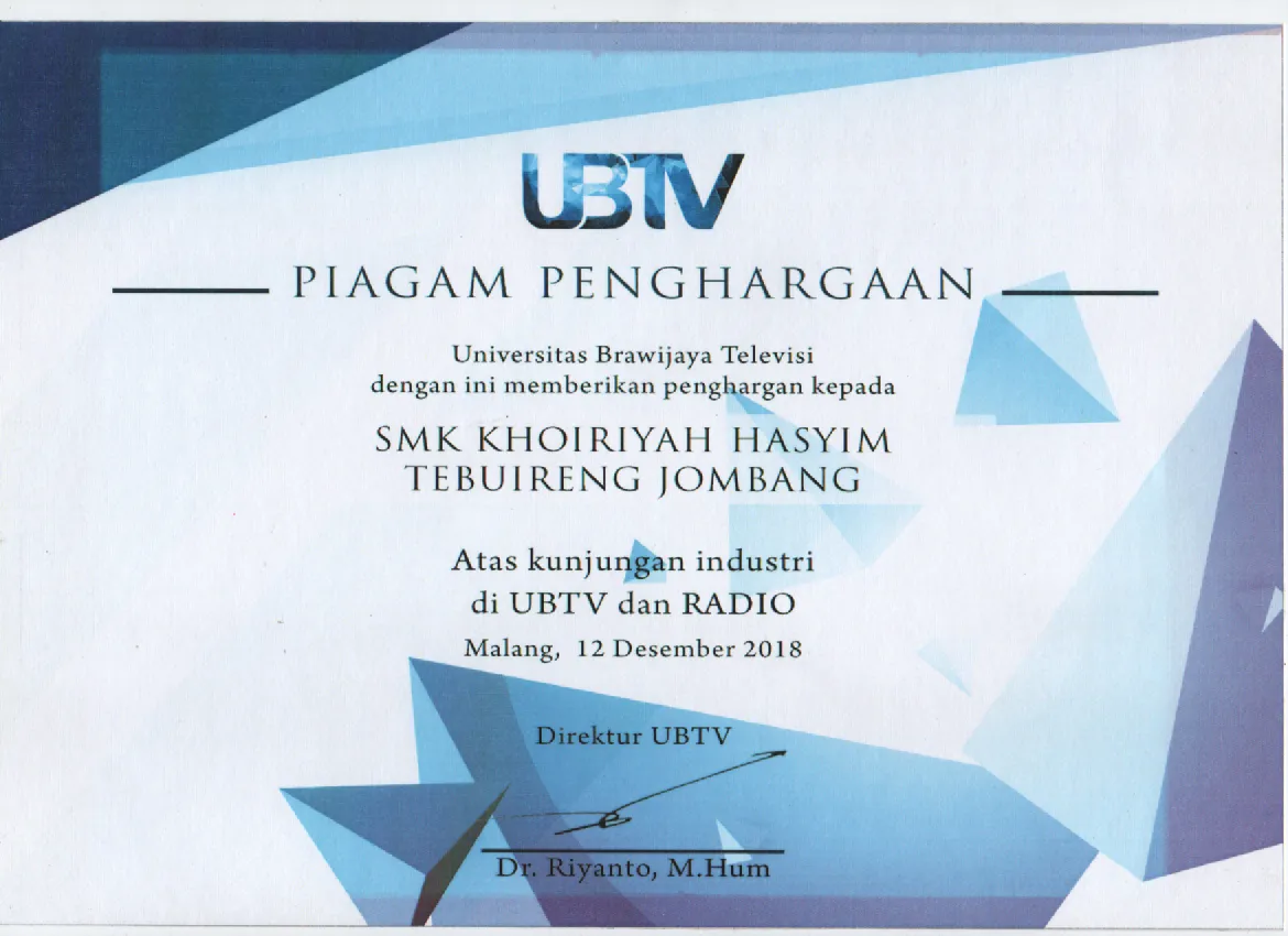 2018 - PIAGAM PENGHARGAAN ATAS KUNJUNGAN INDUSTRI DI UBTV DAN RADIO MALANG