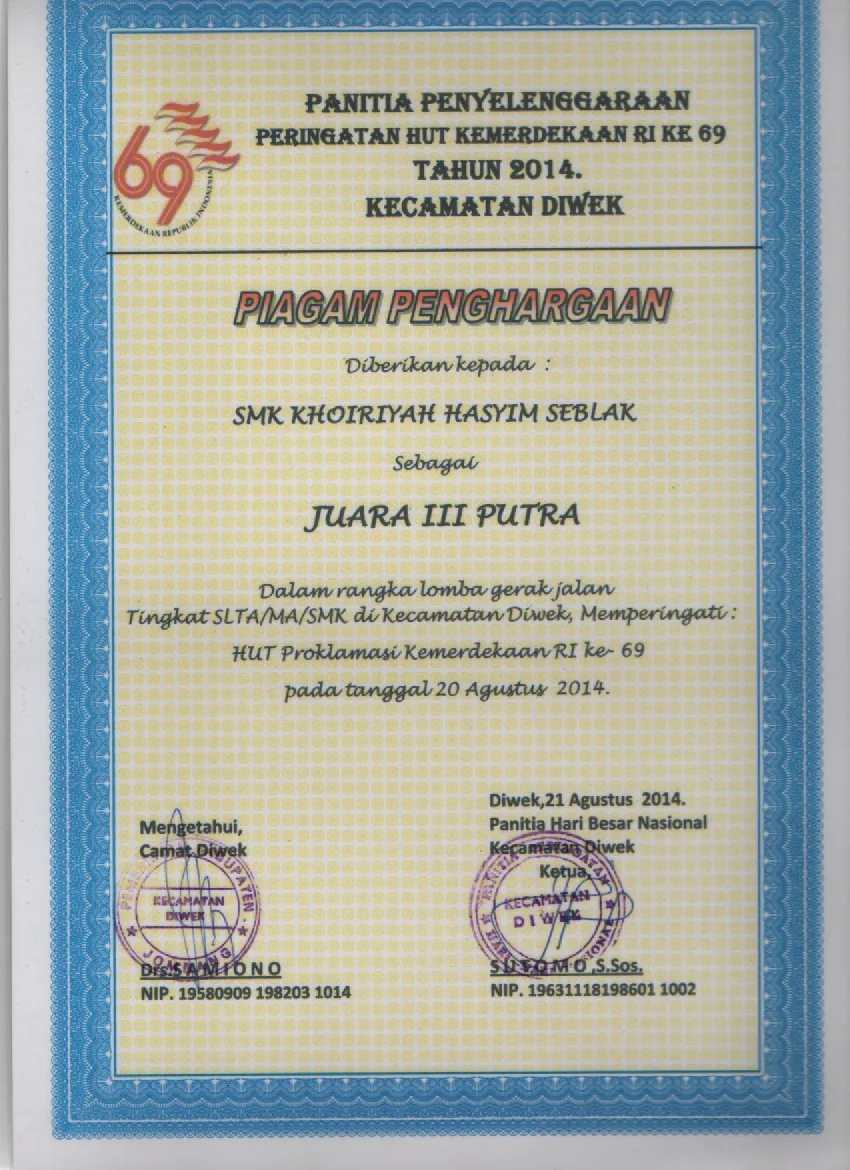 2014 - SERTIFIKAT JUARA 3 PUTRA  LOMBA GERAK JALAN  TINGKAT KECAMATAN DIWEK